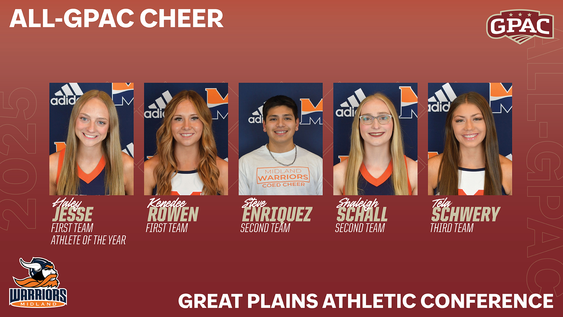 Five Warriors Earn All-GPAC Cheer, Jesse Selected as Top Athlete